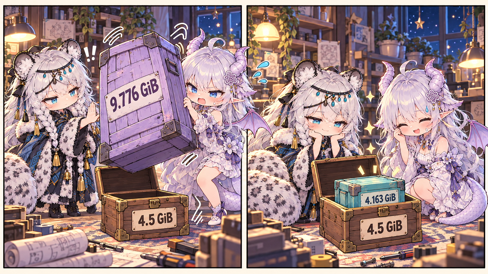 双格漫画：龙娘试图把标着 9.776 GiB 的巨大箱子塞进 4.5 GiB 小箱子，初雪伸手制止；换成 4.163 GiB 箱子后两人松了口气